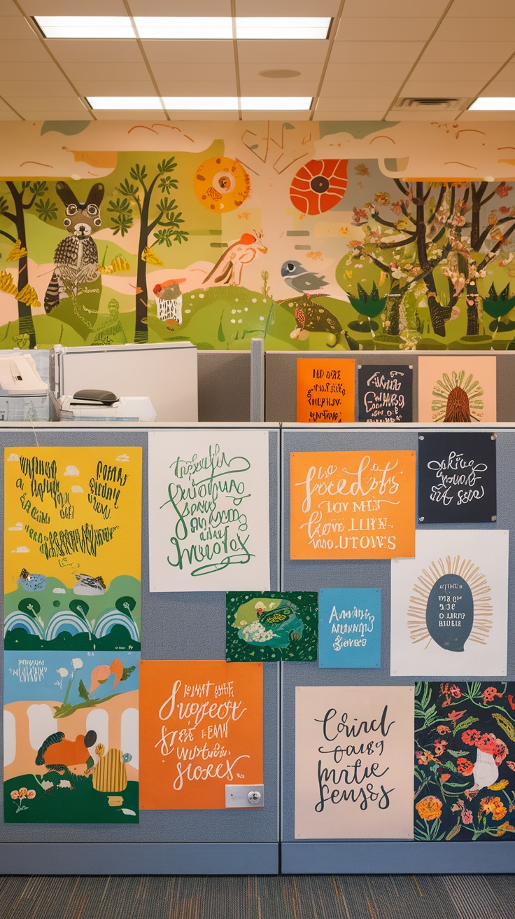 Colorful and whimsical wall art in a cubicle setting, featuring playful designs and quotes.