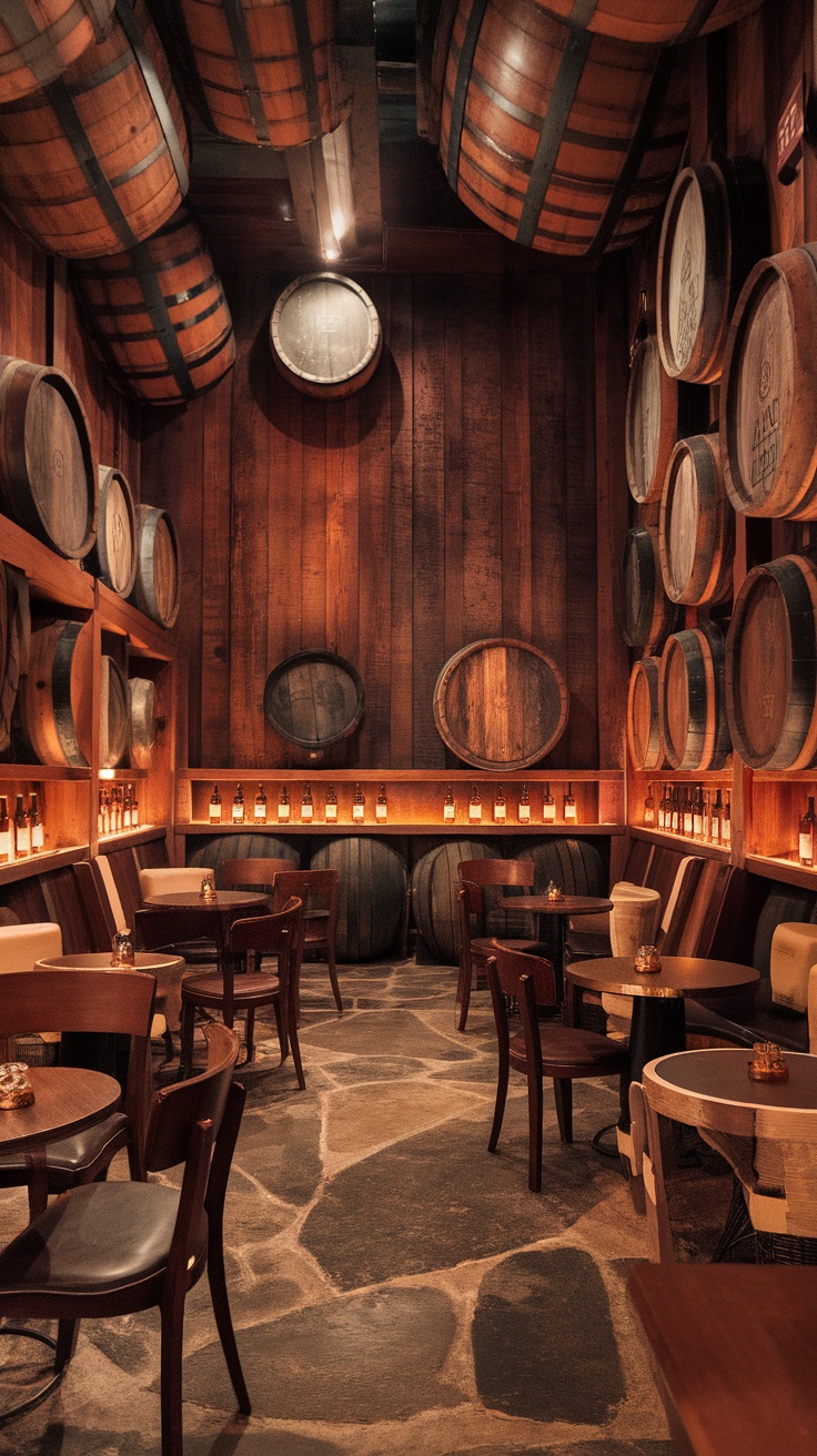 A stylish whisky lounge featuring wooden barrels, warm lighting, and comfortable seating.