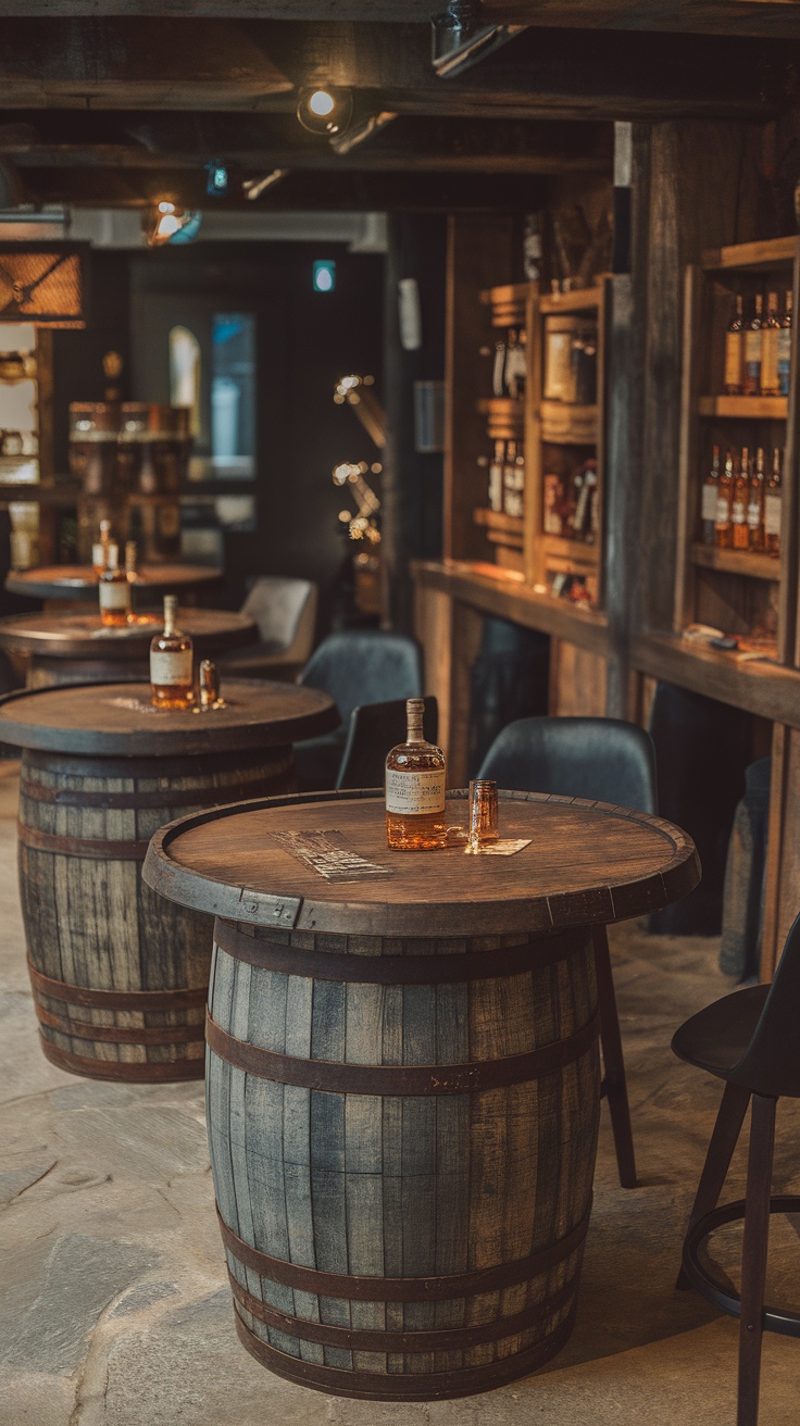 Whisky barrel tables with bottles and glasses in a cozy lounge setting.