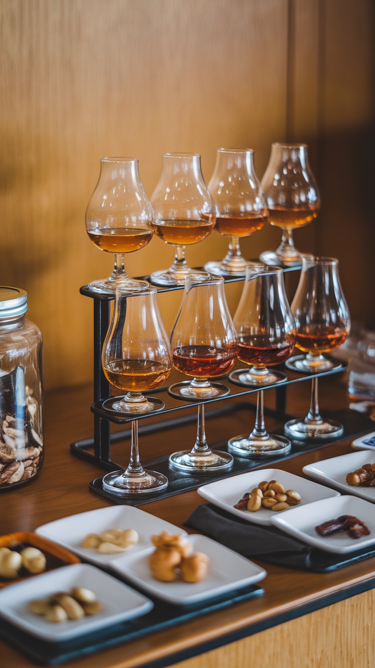 A stylish whisky tasting station with glasses of whisky and assorted snacks on plates.