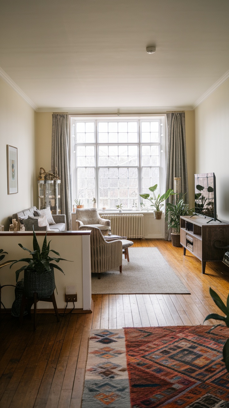 A cozy living room layout with defined zones, featuring a seating area with plants, a TV stand, and large windows.