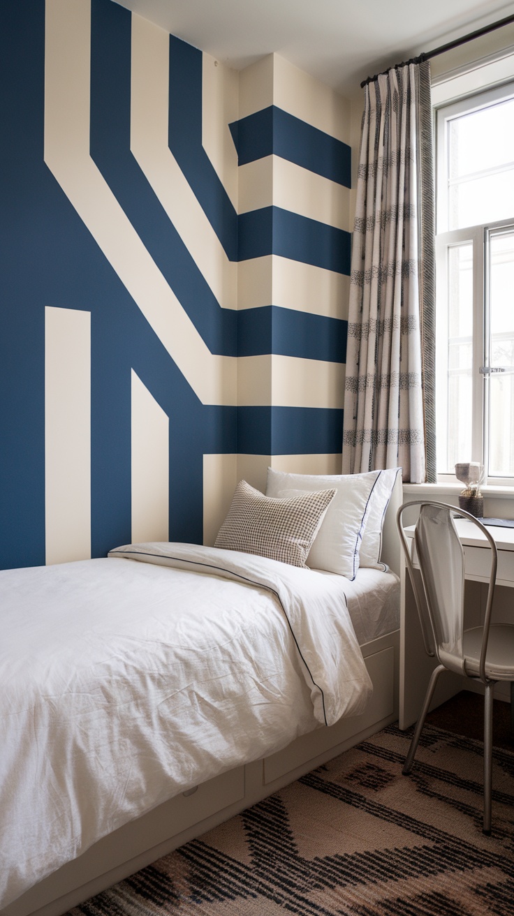 A small bedroom with a geometric accent wall in navy and cream, featuring a bed, pillows, and a desk.