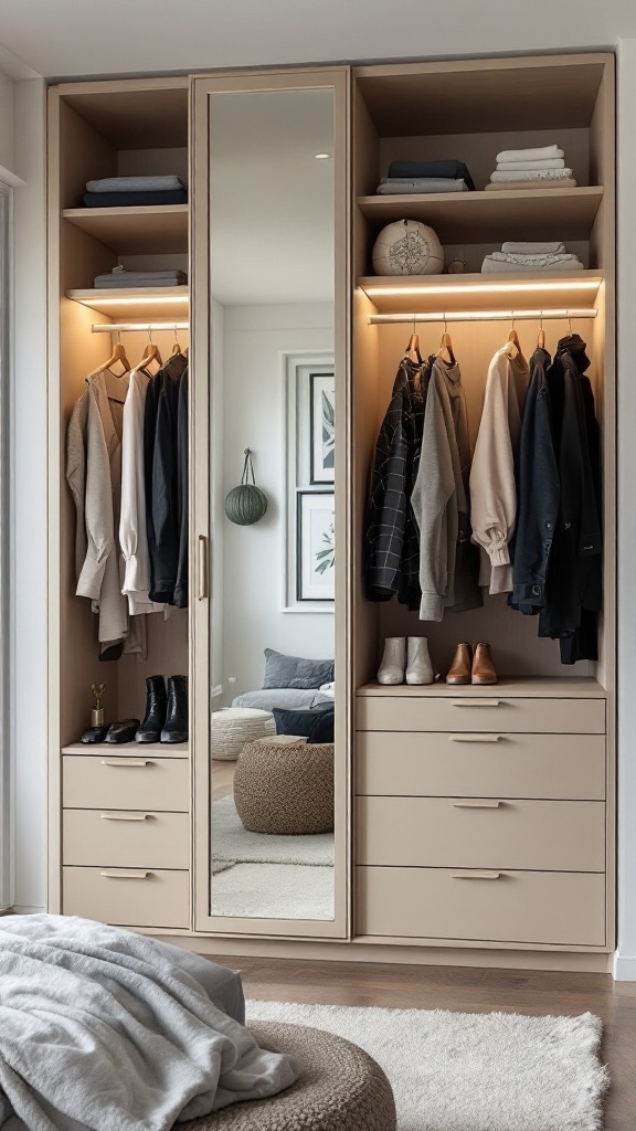 A stylish IKEA closet with a central mirror, organized shelves, and soft lighting.