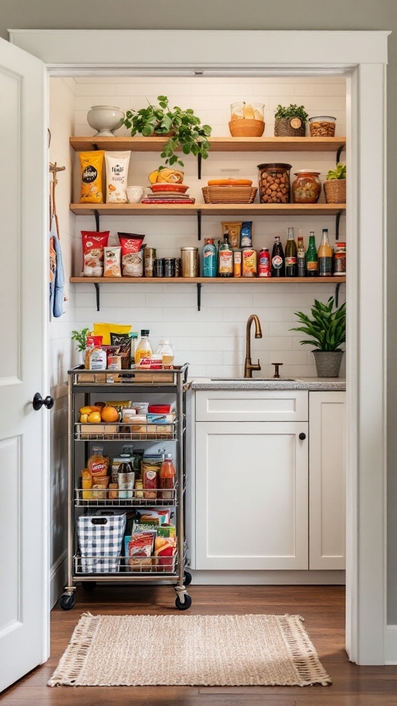 A well-organized walk-in pantry with shelves holding various goods and a rolling cart filled with pantry items.