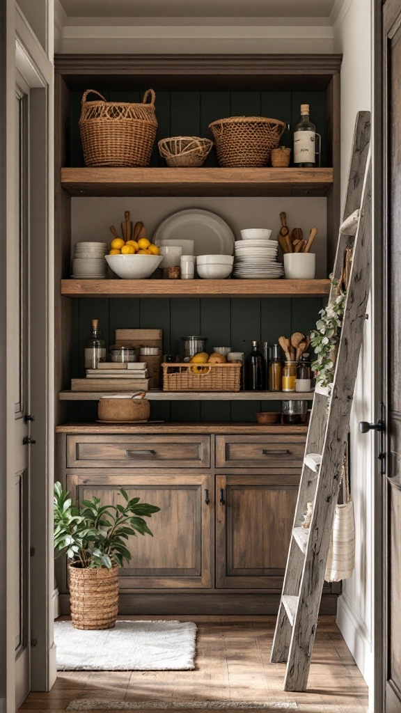 A rustic walk-in pantry featuring wooden shelves, baskets, and a ladder.