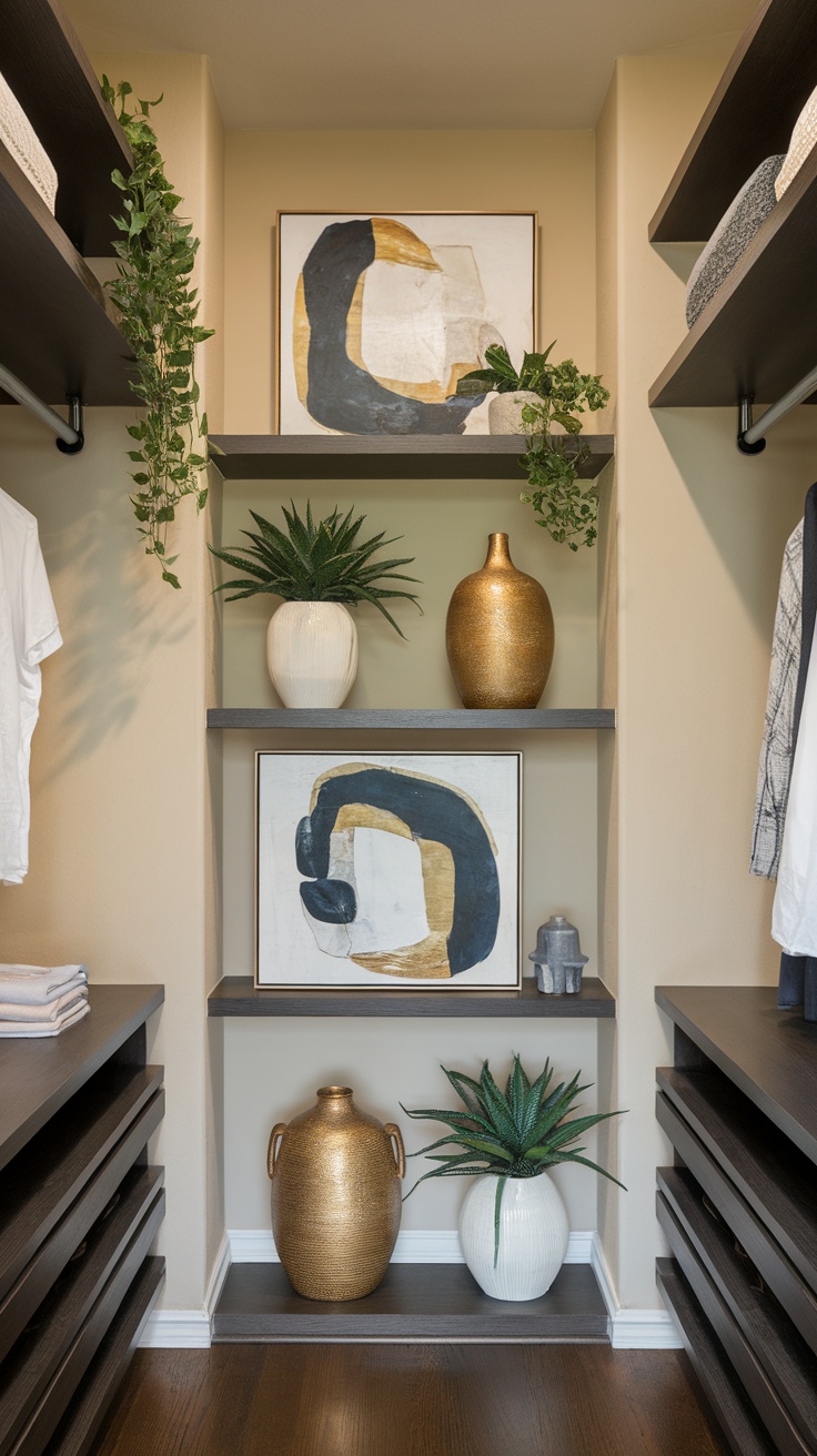 A stylish walk-in closet display featuring shelves with decorative vases, plants, and artwork.