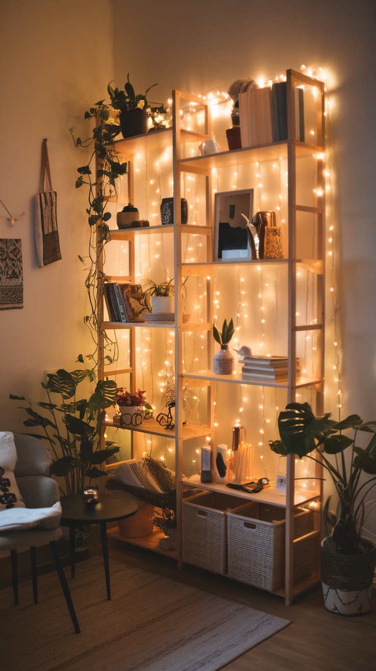 A well-decorated IKEA IVAR room divider with fairy lights, plants, and decorative items creating a cozy atmosphere.