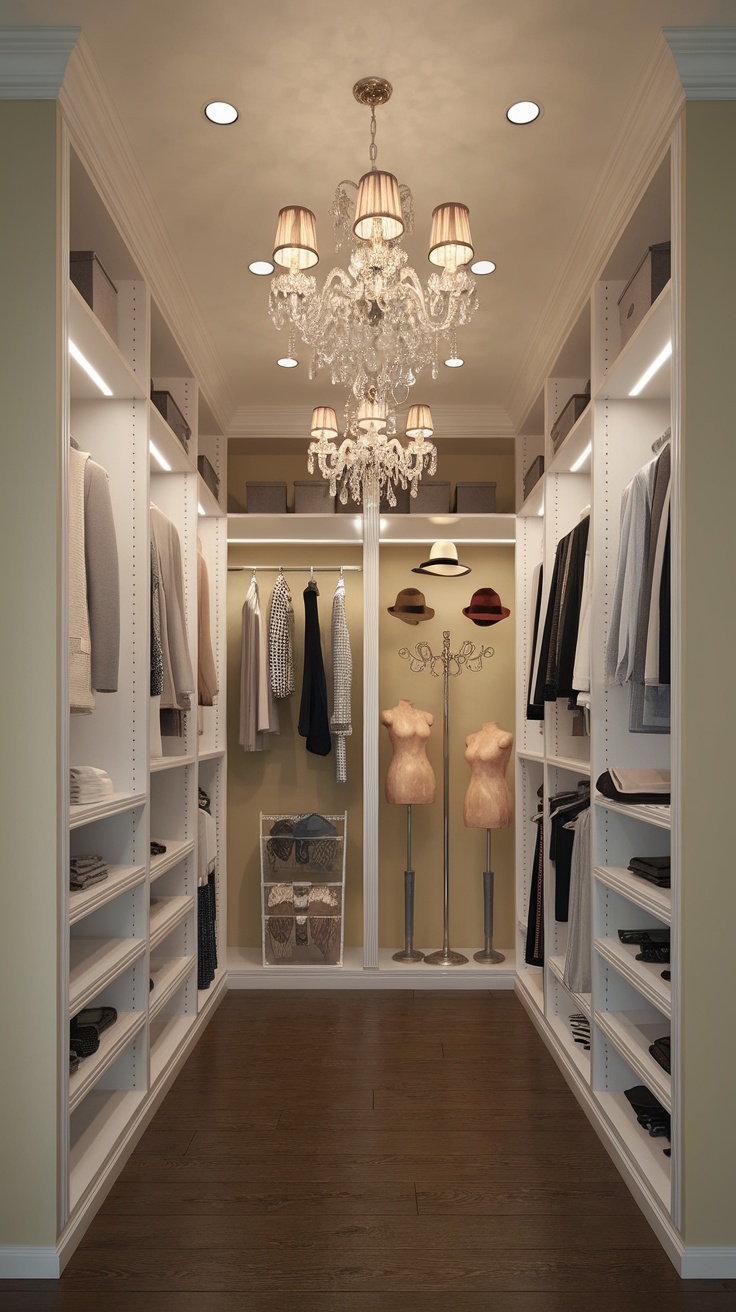 A luxurious walk-in closet featuring a chandelier and recessed lighting.