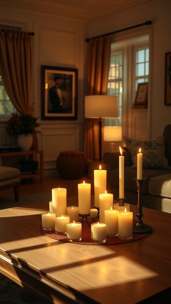 A cozy living room scene with various candles arranged on a table, casting warm light and creating a soothing atmosphere.