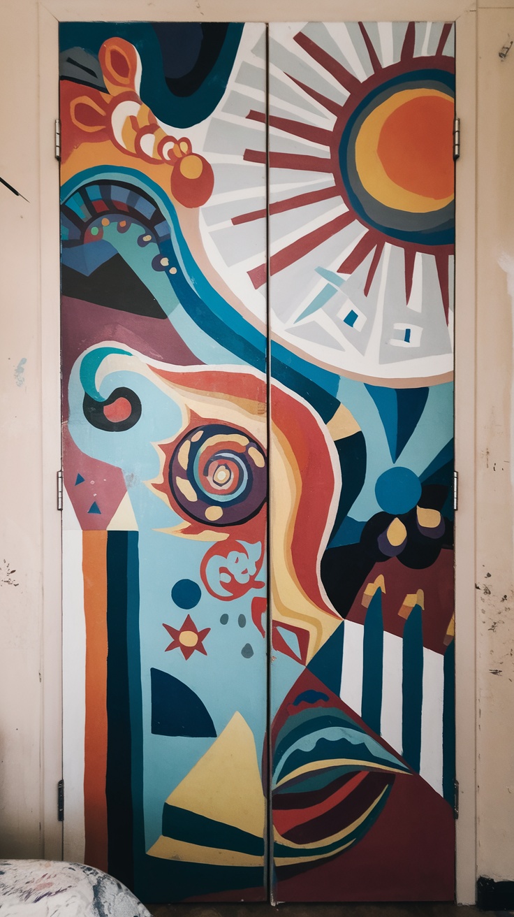 Colorful abstract mural on a bedroom door featuring various shapes and patterns.