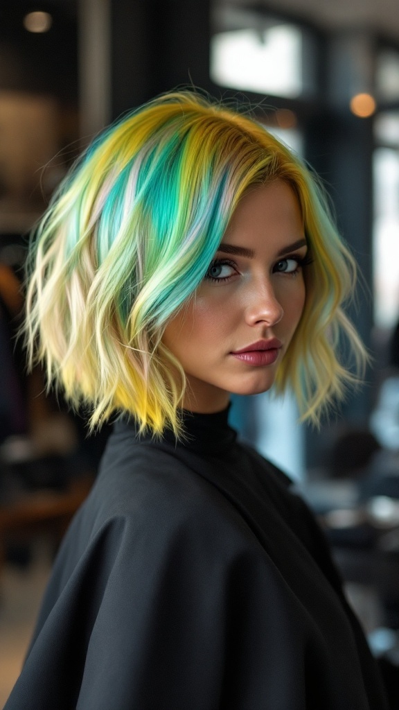 A vibrant asymmetrical bob hairstyle with yellow and teal highlights, displayed on a model in a salon setting.