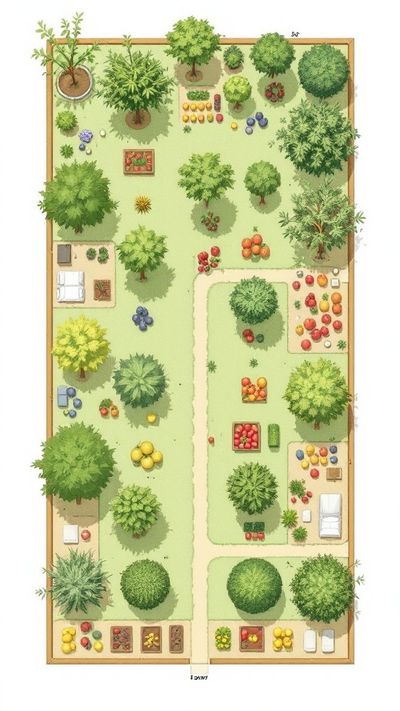 A detailed layout of a backyard orchard featuring various fruit trees and planting areas.