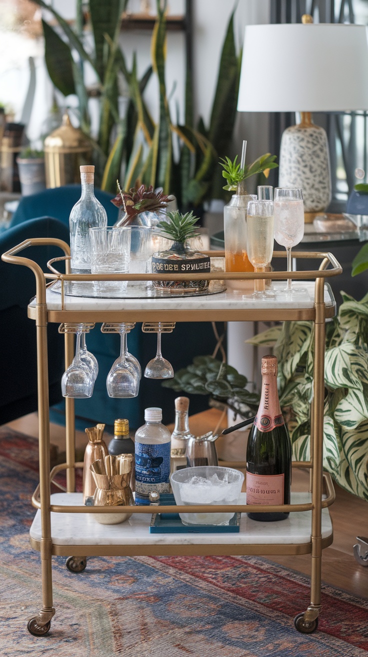 A stylish bar cart with various drinks, glassware, and decor.