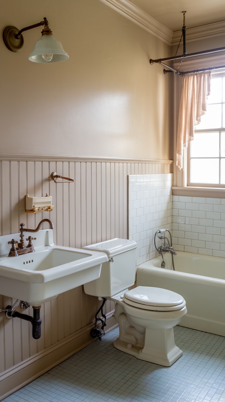 A bathroom featuring beadboard paneling in a soft color, with a vintage sink, toilet, and subway tiles.