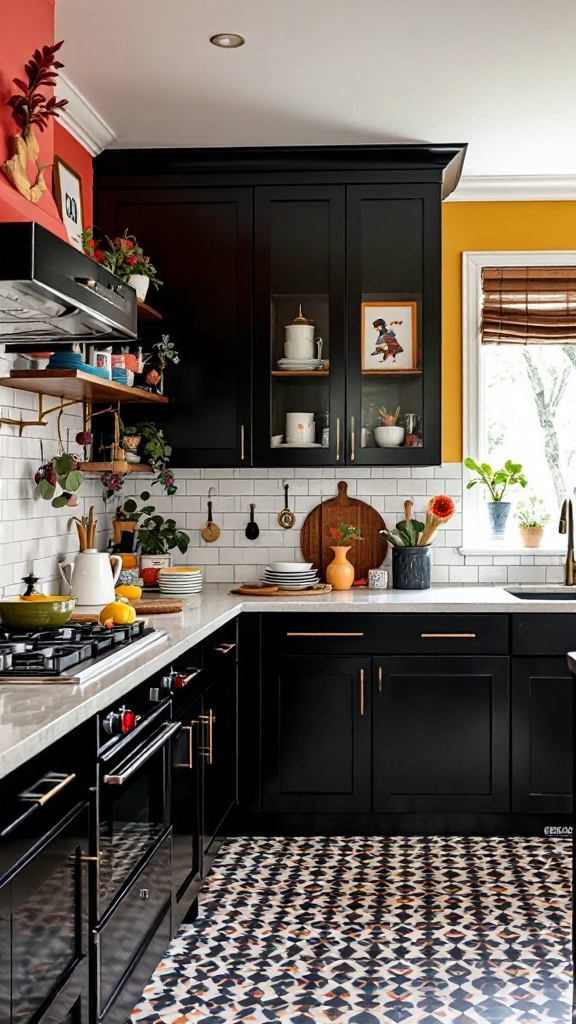 A modern kitchen featuring black cabinets, colorful accents, and patterned flooring.