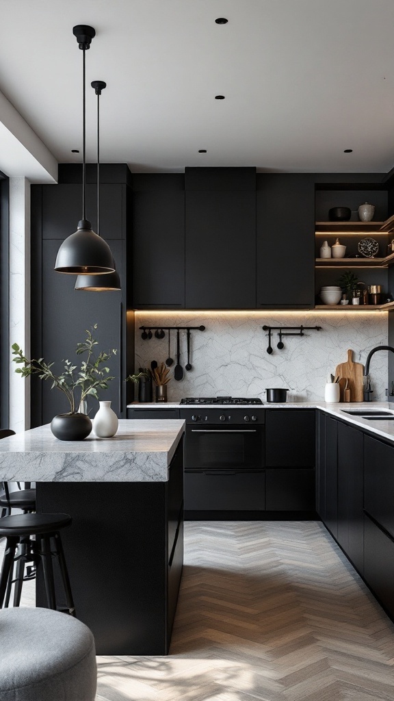 A modern kitchen featuring black cabinetry, a marble countertop, and stylish pendant lighting.