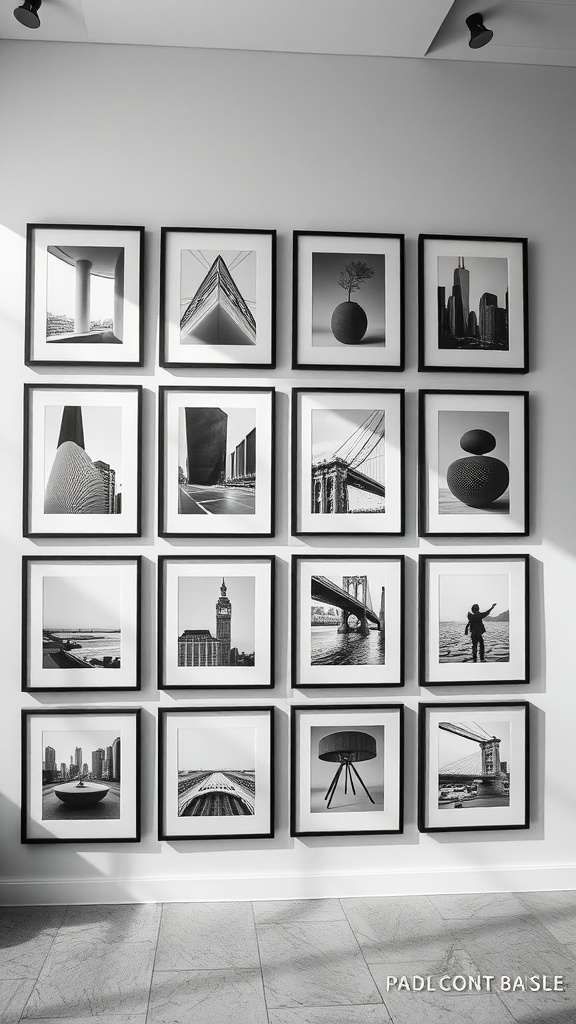 A collage of black and white framed photographs on a wall, featuring various architectural and natural subjects.