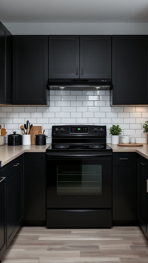 A modern kitchen featuring black appliances, dark cabinetry, and a white subway tile backsplash.