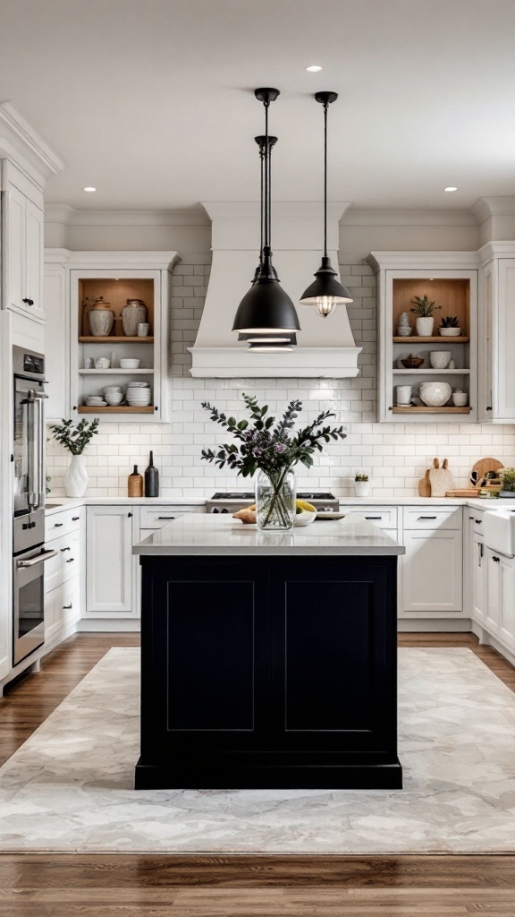 Modern kitchen featuring a black island as a focal point with white cabinetry and pendant lighting.