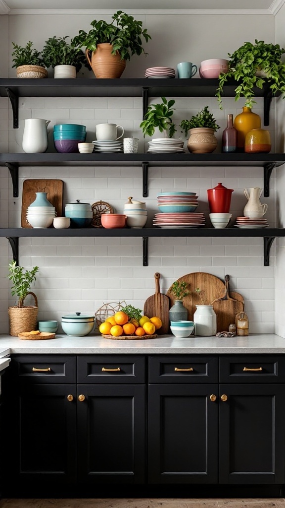 Black open shelving in a kitchen displaying colorful dishes, plants, and kitchenware.