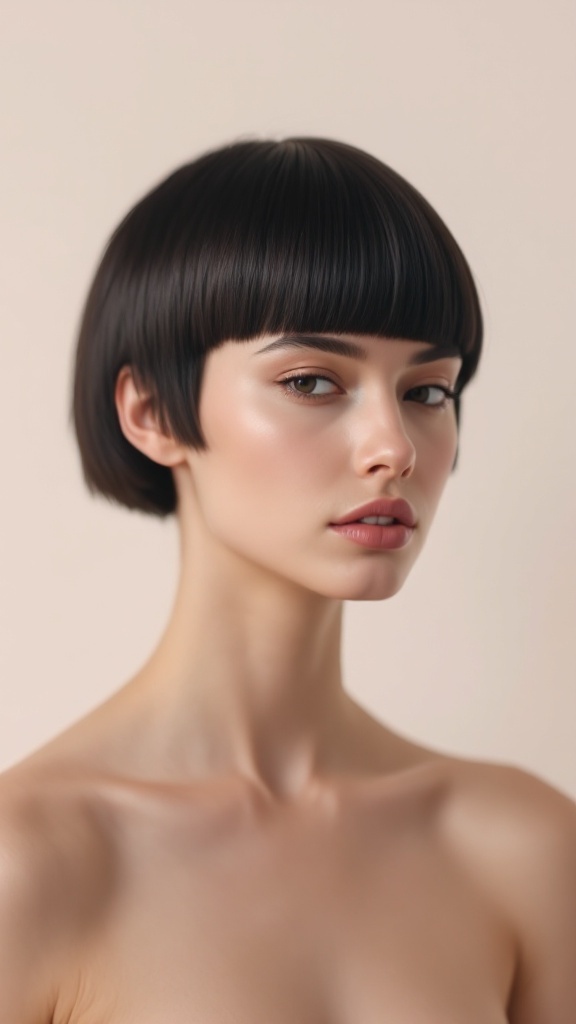 Model with a blunt bob haircut, showcasing clean lines and a polished look.