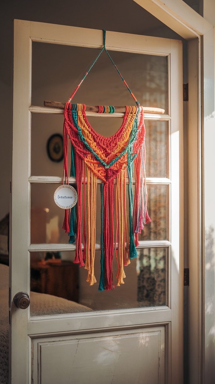 Colorful macrame hanging on a bedroom door