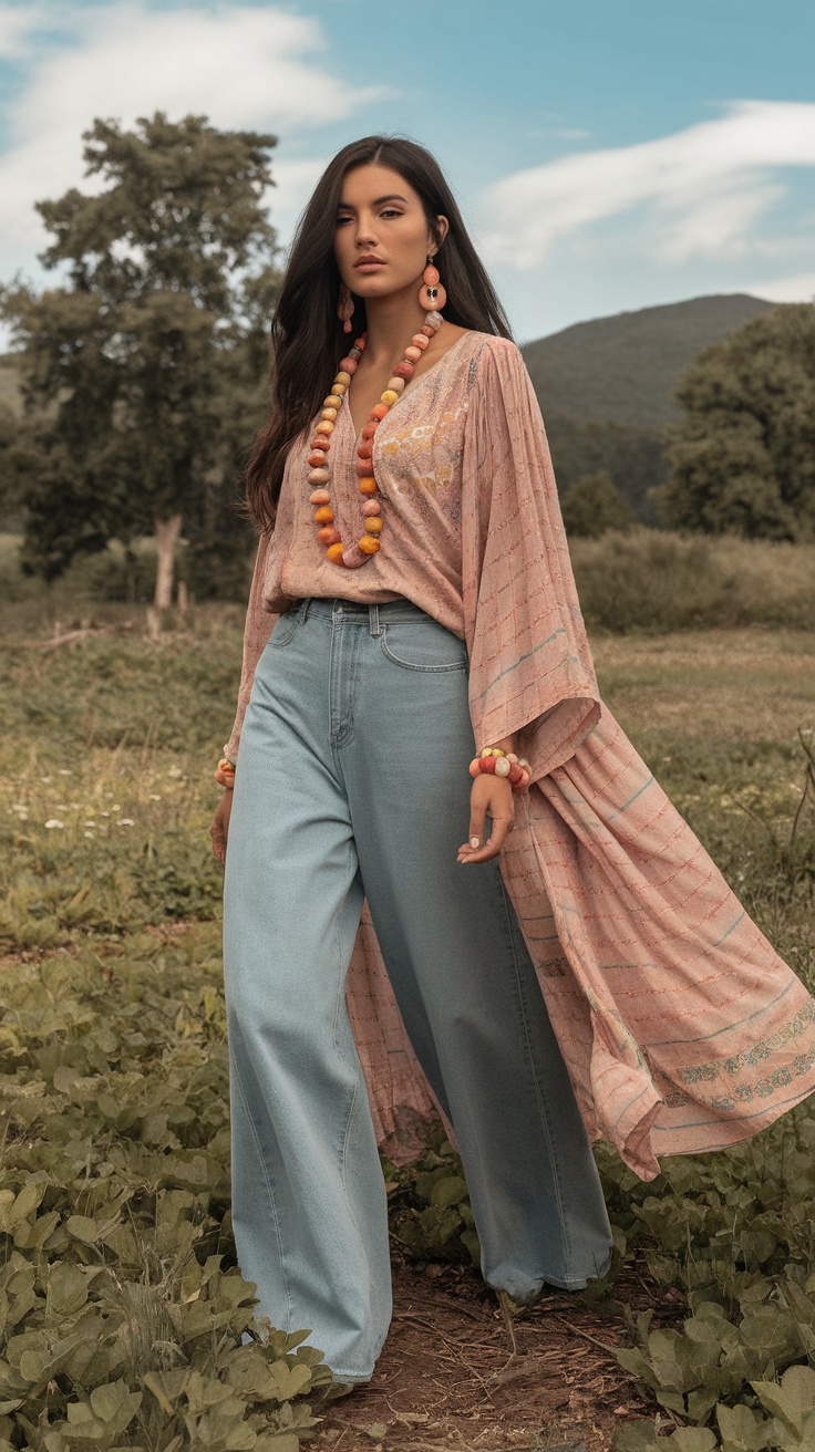 Model wearing wide leg jeans and a flowing pastel tunic in a natural setting