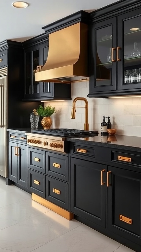 A modern kitchen with black cabinets and gold accents