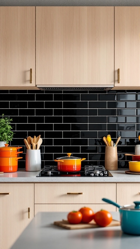 Modern kitchen with black tiled backsplash, light wood cabinets, and colorful cookware