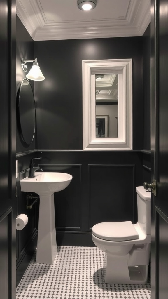 Small bathroom with charcoal walls, white fixtures, and stylish accents.