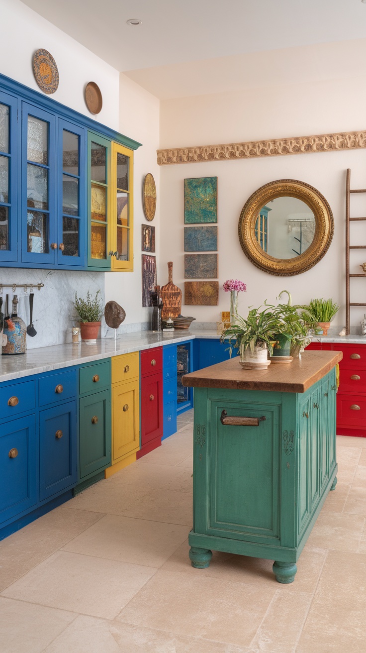 Colorful Ikea kitchen with blue, red, green, and yellow cabinets, featuring a wooden island and marble countertop.