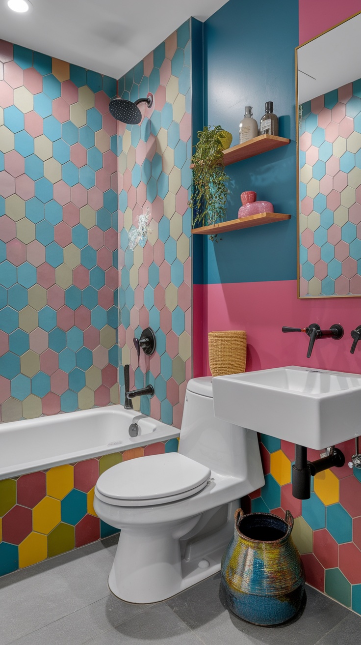 A vibrant bathroom with hexagonal tile paneling in shades of pink, blue, and yellow, featuring modern fixtures and decor.
