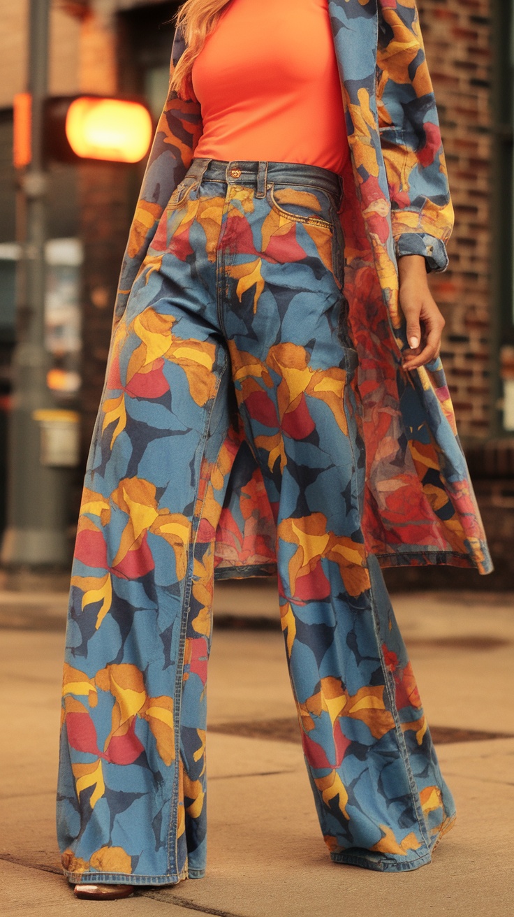 A model wearing patterned wide leg jeans and an orange top, standing in an urban setting.