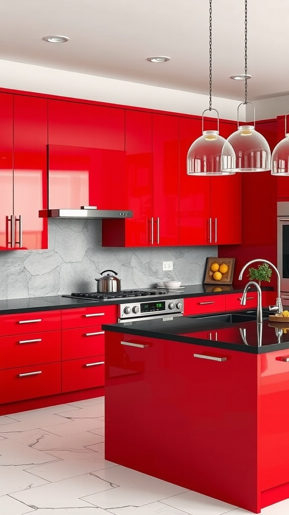 A vibrant kitchen with red cabinets and black granite countertops.