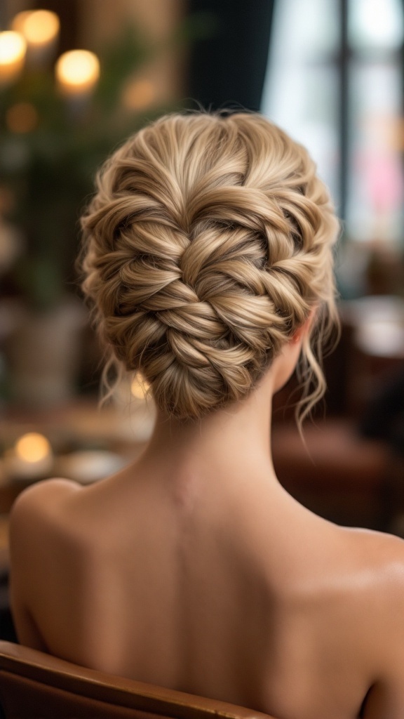 A stunning braided updo hairstyle suitable for formal events, showcasing intricate braids and a polished finish.