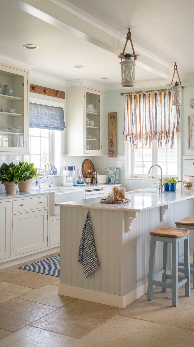 Ikea kitchen with coastal vibes featuring white cabinets, blue accents, and natural light