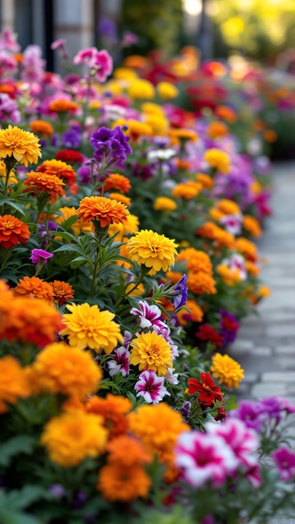 A colorful mix of annual flowers in a front flower bed, featuring vibrant marigolds, zinnias, and petunias.