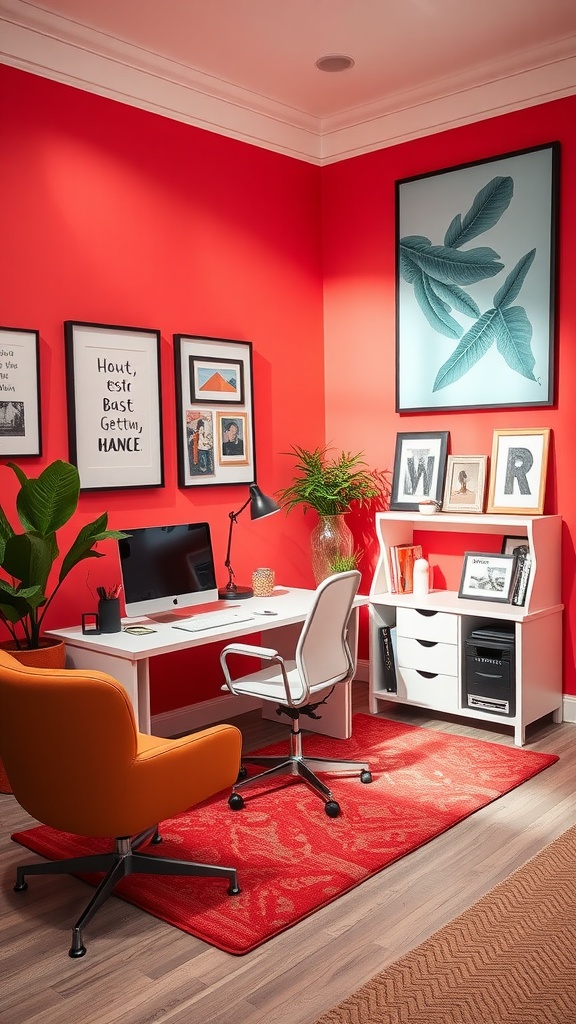 An interior with bright coral walls, a stylish desk, and modern decor.