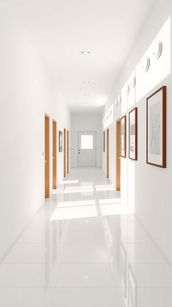 A bright white hallway with wooden doors and framed artwork.