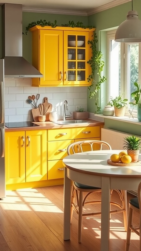 A bright kitchen featuring yellow cabinets and sage green walls, with plants and a white table.