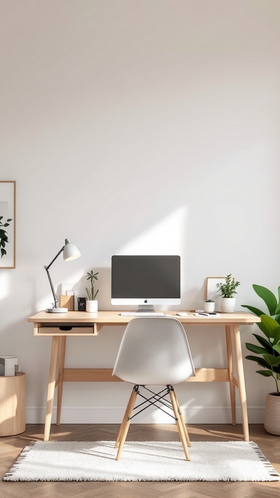 A minimalist Japandi workspace featuring a wooden desk, computer, lamp, and plants for a calming effect.