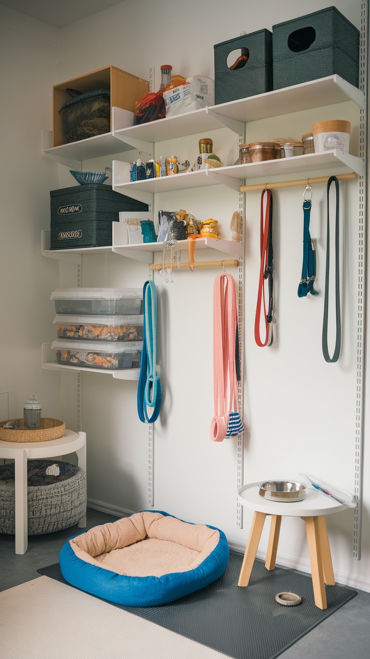 A pet-friendly space featuring Ivar shelves with organized pet supplies, a dog bed, and a feeding area.