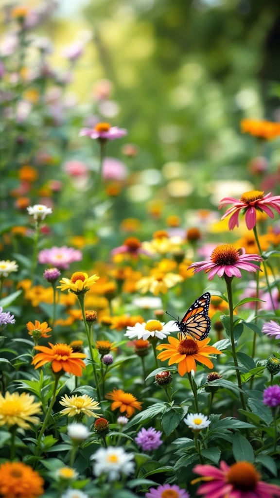 A vibrant butterfly garden filled with colorful flowers, featuring a butterfly on a daisy.