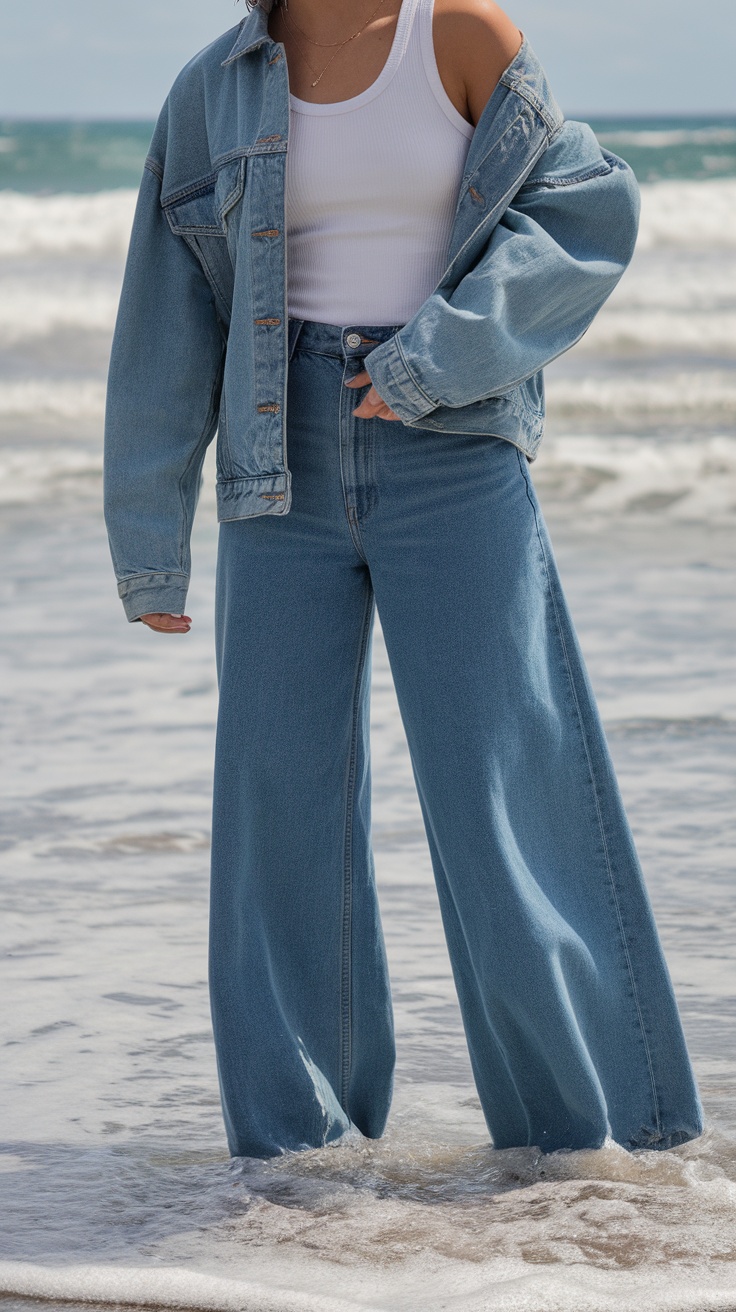 A person wearing wide leg jeans and a denim jacket at the beach.