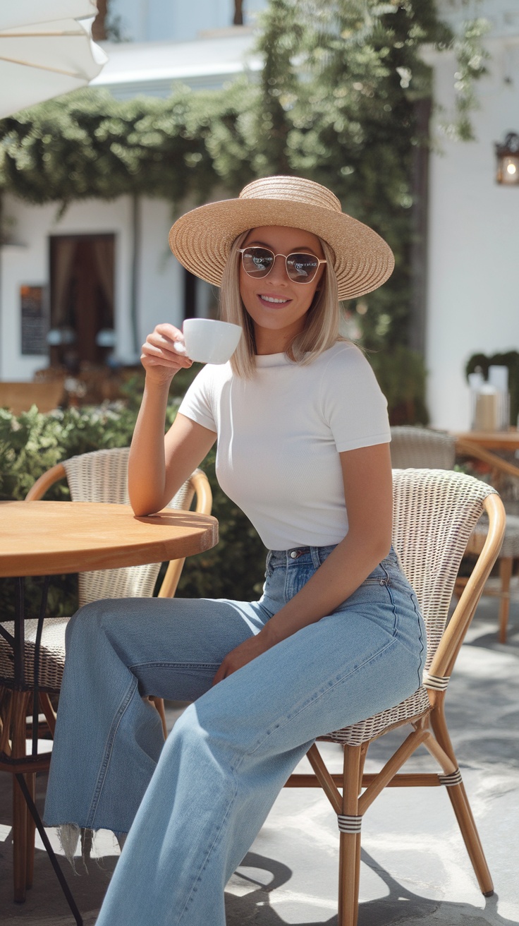 A woman sitting at a cafe wearing a white tee and wide leg jeans, holding a cup of coffee and smiling, with a straw hat and sunglasses.