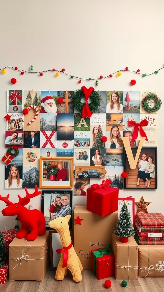 A colorful holiday-themed photo wall decorated with Christmas images, colorful lights, and festive gifts.