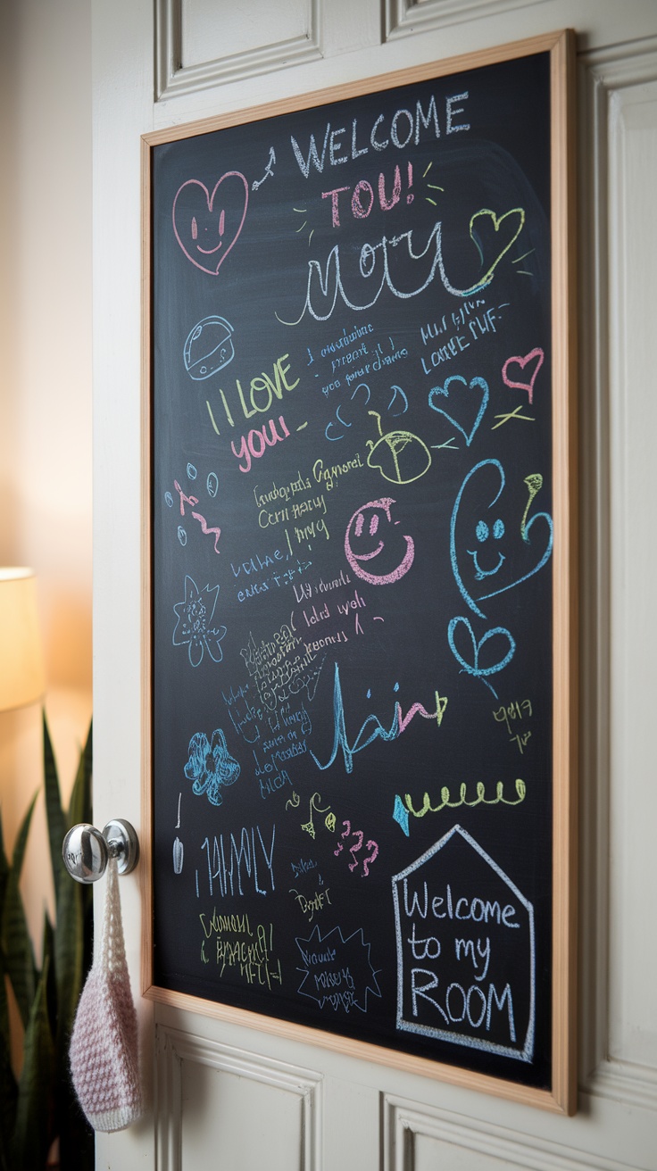 A colorful chalkboard message board on a bedroom door with various notes and drawings.