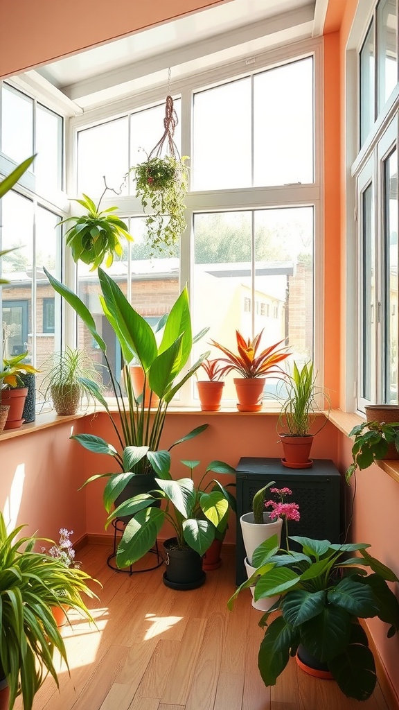 A bright sunlit room with peach walls and various indoor plants.