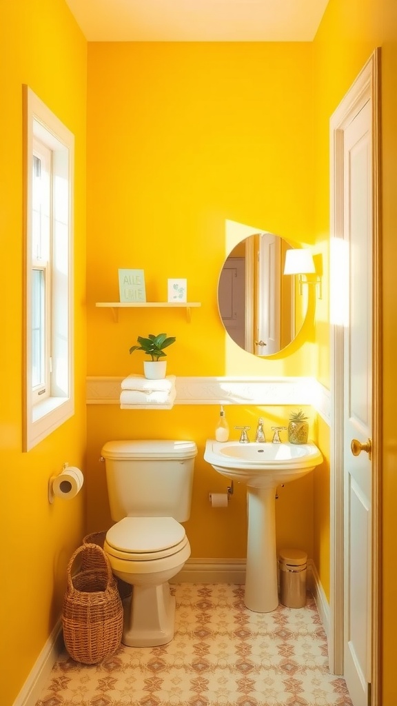 Small bathroom painted in sunny yellow with modern fixtures and plants