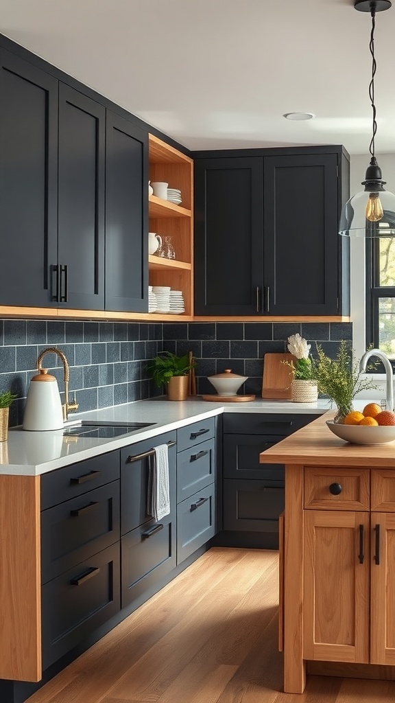 A modern kitchen featuring charcoal cabinets and light maple accents, with a stylish layout and warm tones.